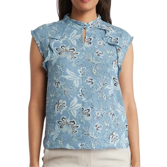 Carmen Marc Valvo Blue Floral Ruffle Blouse Sz M Sleeveless Lightweight Top - Picture 3 of 5
